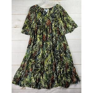 Go Softly Patio Dress XL Rainbow Tropical Print Crinkle Bell Sleeve Boho Beach